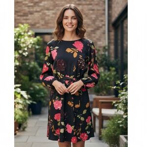 Eshakti Dress Women's 24W Floral Print Black Long Sleeve‎ Knee Length Belted